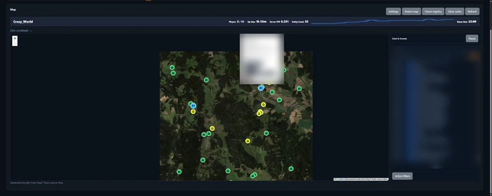 Live map showing server objects, events and anonymized administration details