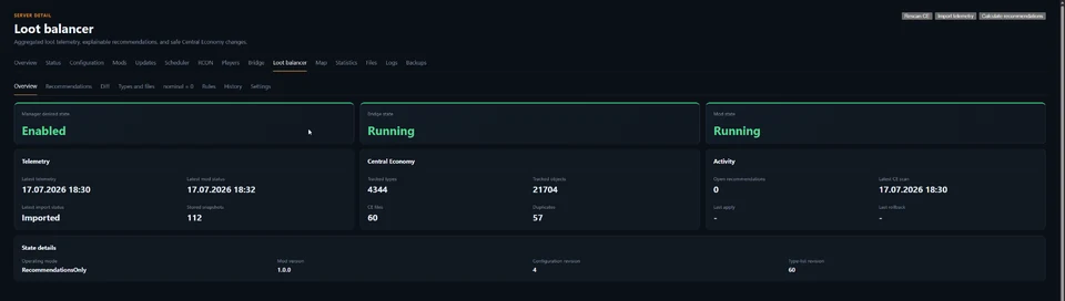 Loot Balancer showing telemetry status and controlled recommendations