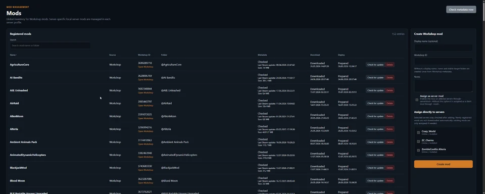 Mod management with Workshop metadata, server assignment and update states
